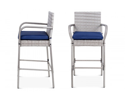 FaFurn Indoor/Outdoor Wicker Bar Stools with 2 Cushions (Set of 2) - Gray/Blue