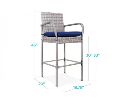 FaFurn Indoor/Outdoor Wicker Bar Stools with 2 Cushions (Set of 2) - Gray/Blue