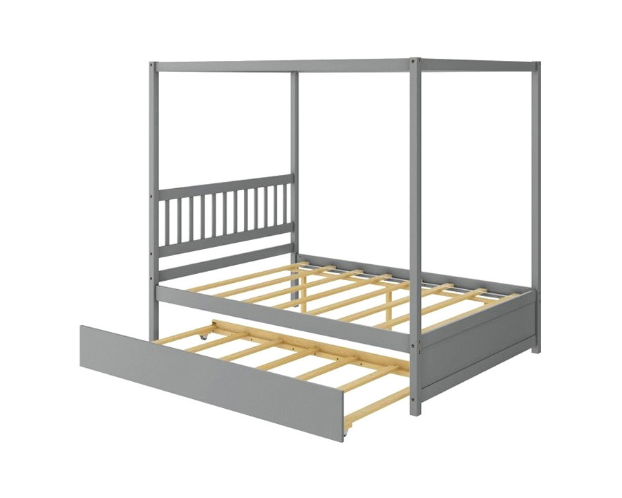 FaFurn - Gray Full Size Canopy Platform Bed with Twin Roller Trundle Bed