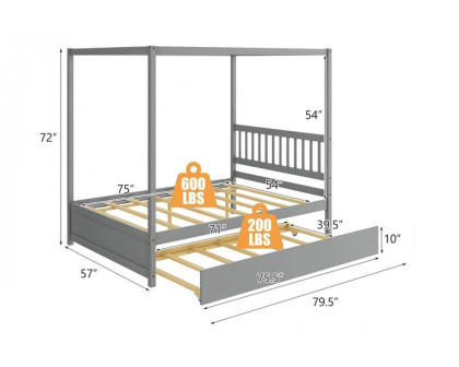 FaFurn - Gray Full Size Canopy Platform Bed with Twin Roller Trundle Bed