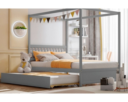 FaFurn - Gray Full Size Canopy Platform Bed with Twin Roller Trundle Bed