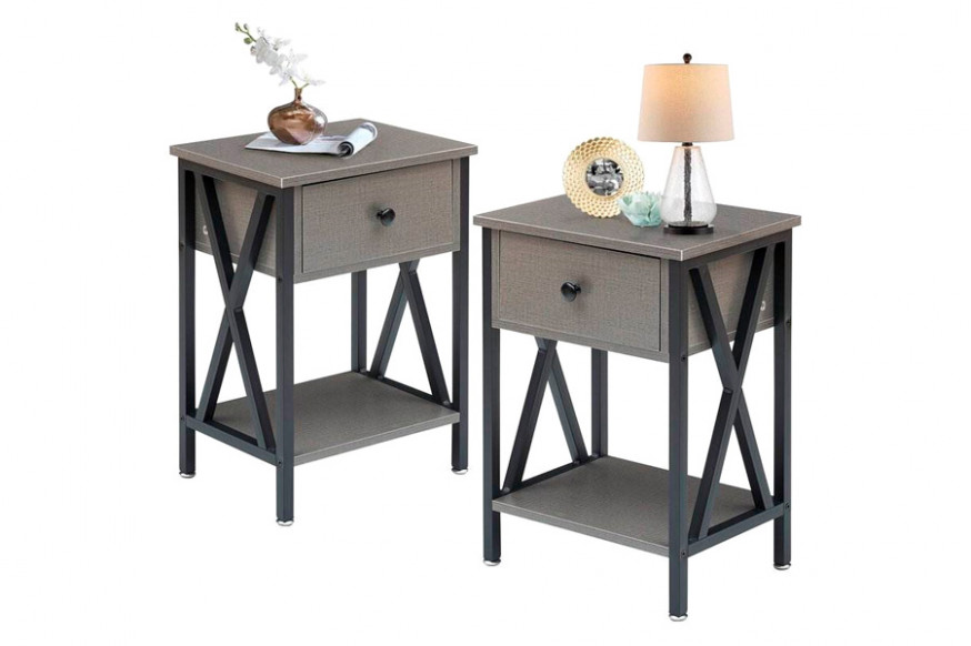 FaFurn™ Set of 2 End Table with 1 Drawer - Gray/Black, Metal/MDF