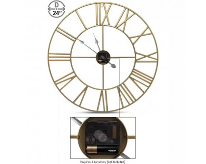 FaFurn Decorative Wall Clock with Roman Numerals - Gold, Metal