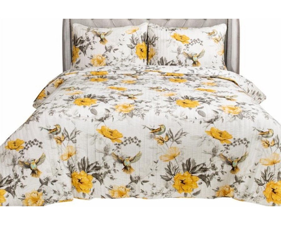 FaFurn 3 Piece Reversible Floral Birds Cotton Quilt Set - Full/Queen Size