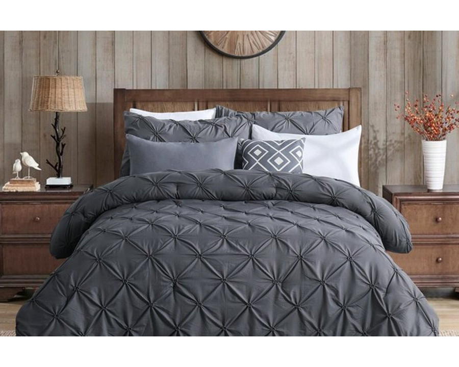 FaFurn All Season Pleated Hypoallergenic Microfiber Reversible 3 Piece Comforter Set - Gray, Full/Queen Size