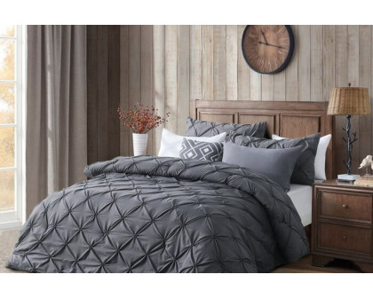 FaFurn All Season Pleated Hypoallergenic Microfiber Reversible 3 Piece Comforter Set - Gray, Full/Queen Size