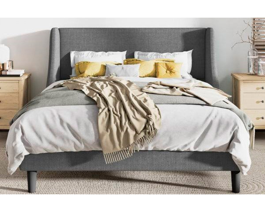 FaFurn King Size Platform Bed with Headboard Wingback - Gray, Fabric