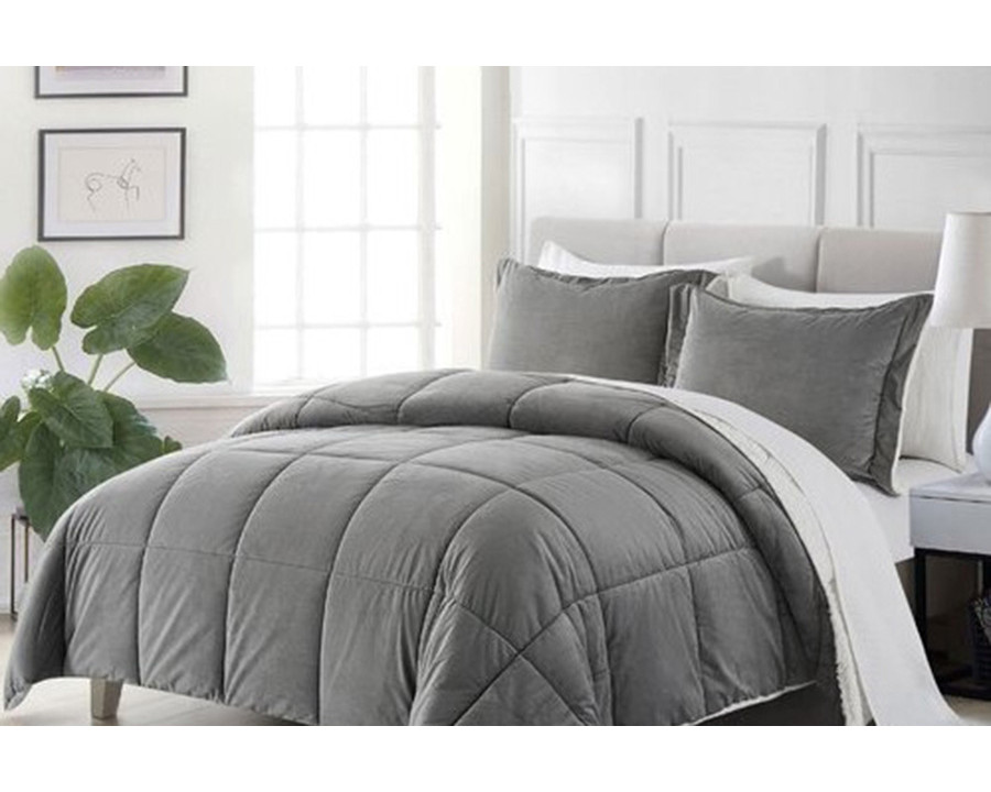 FaFurn Plush Microfiber Reversible Comforter Set - Gray, Queen Size