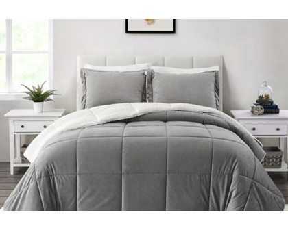 FaFurn Plush Microfiber Reversible Comforter Set - Gray, Queen Size