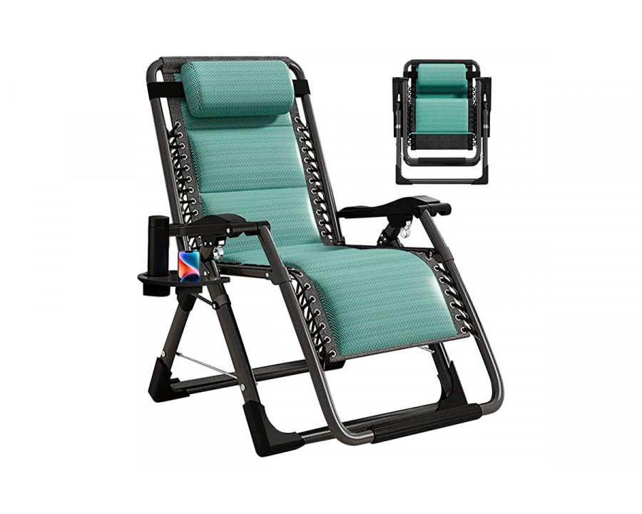 FaFurn - Padded Folding Patio Recliner with Cup Holder in Green, Metal/Nylon/Cotton