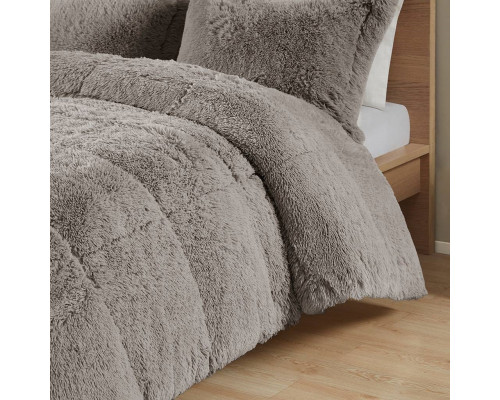 FaFurn 2-Piece Twin/Twin XL Size Comforter Set with Pillow Shams - Gray, Soft Sherpa Faux Fur