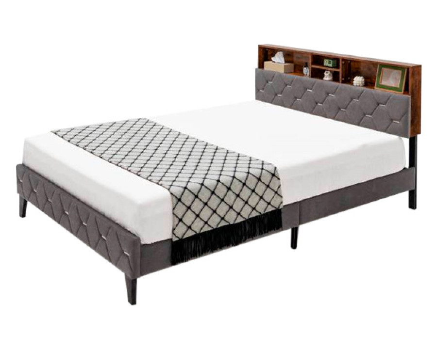 FaFurn Full Size Platform Bed with Storage Headboard - Gray, Velvet