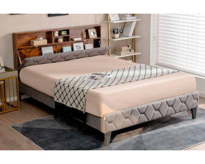 FaFurn Full Size Platform Bed with Storage Headboard - Gray, Velvet