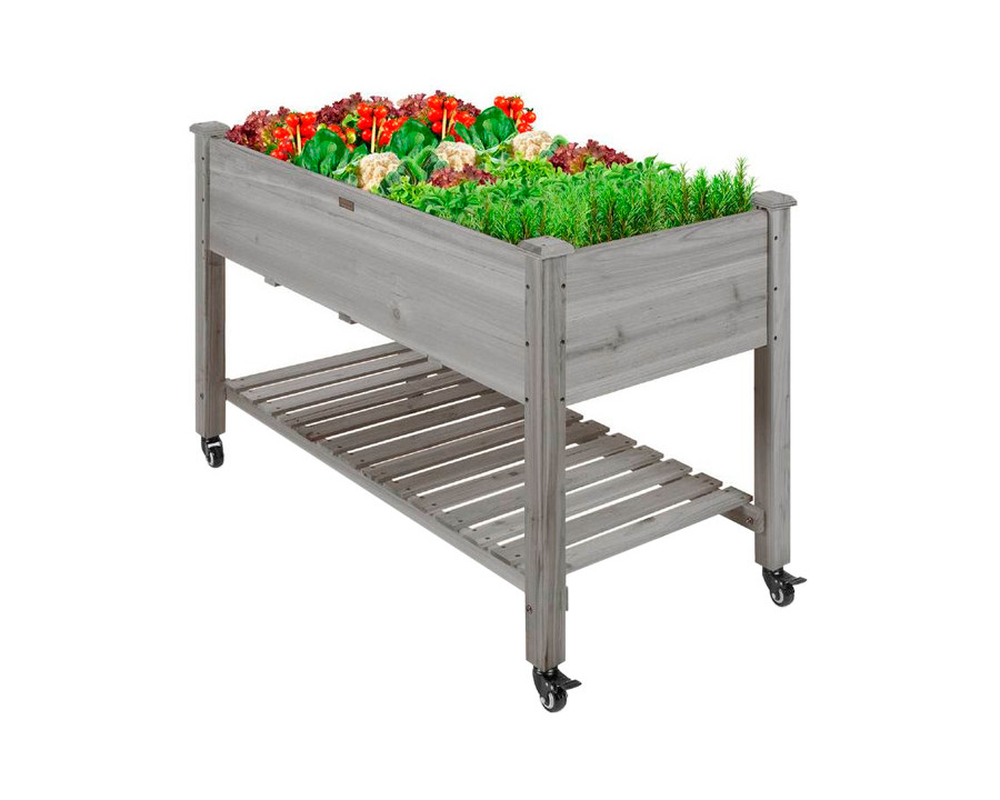 FaFurn - Outdoor Raised Garden Bed Planter Box with Shelf and Locking Wheels in Gray, Wood