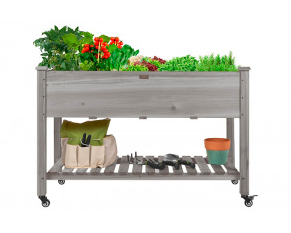 FaFurn - Outdoor Raised Garden Bed Planter Box with Shelf and Locking Wheels in Gray, Wood