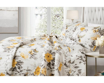 FaFurn 3 Piece Reversible Floral Birds Cotton Quilt Set - King Size