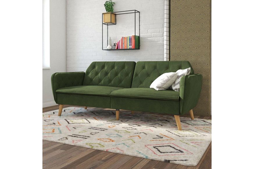 FaFurn™ Memory Foam Sofa-Bed with Wooden Legs - Green, Futon/Velvet