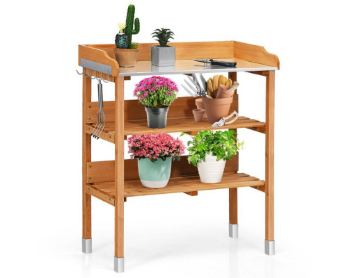 FaFurn - Outdoor Garden Potting Bench Table with Bottom Storage Shelves and Metal Top in Walnut, Wood