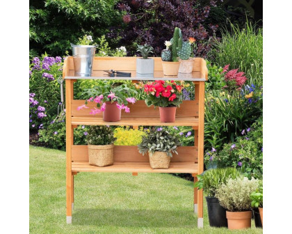 FaFurn - Outdoor Garden Potting Bench Table with Bottom Storage Shelves and Metal Top in Walnut, Wood