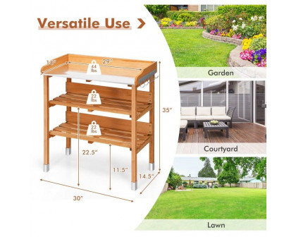 FaFurn - Outdoor Garden Potting Bench Table with Bottom Storage Shelves and Metal Top in Walnut, Wood