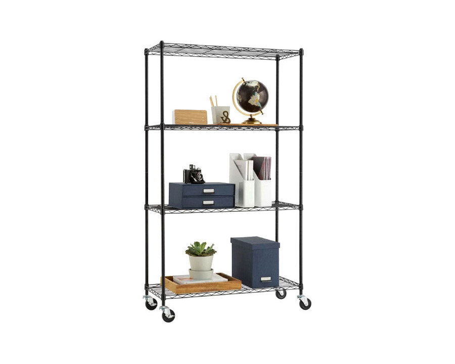 FaFurn - Heavy Duty Black Steel 4-Tier Shelving Unit with Locking Casters