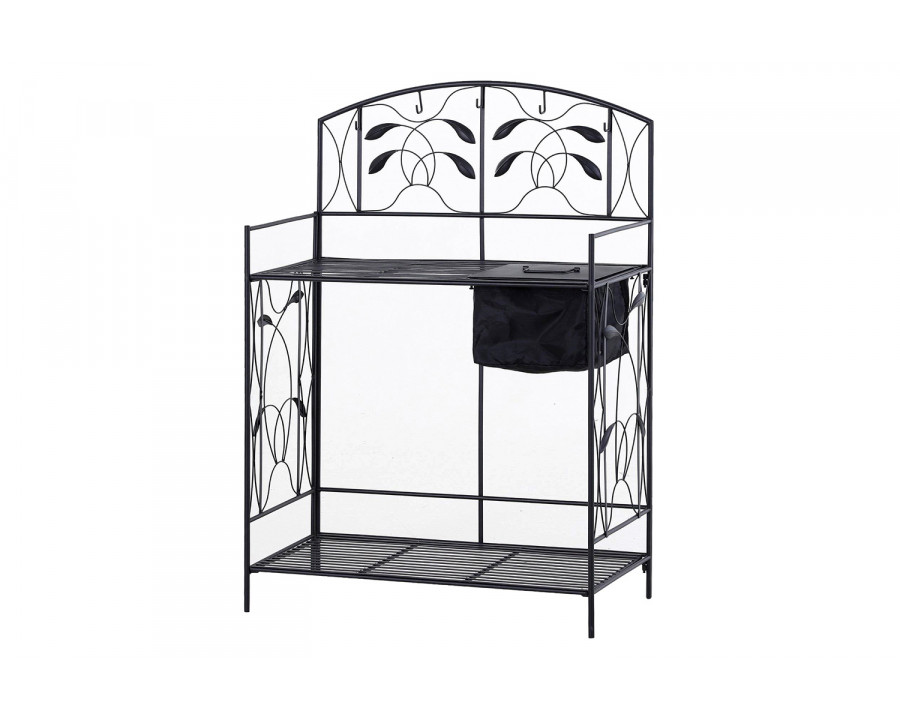 FaFurn - Black Metal Potting Bench with Wrought Iron Vine Accents and Fabric Potting Sink