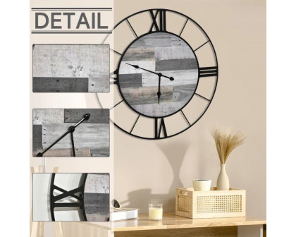 FaFurn - Wall Clock with Roman Numerals and Grey Wood Interior in Black/Gray, Metal/Wood