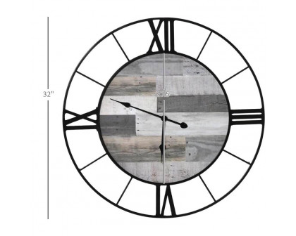 FaFurn - Wall Clock with Roman Numerals and Grey Wood Interior in Black/Gray, Metal/Wood