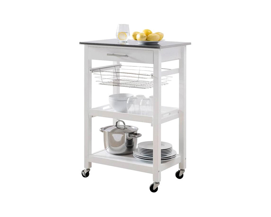 FaFurn - White Stainless Steel Top Kitchen Cart with Drawer and Storage Shelves