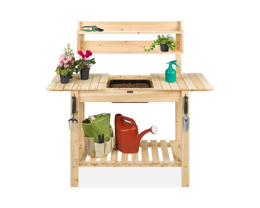 FaFurn - Outdoor Garden Wood Potting Bench Expandable Top with Food Grade Plastic Sink