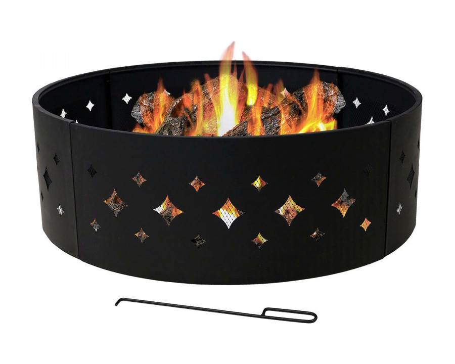 FaFurn - Heavy Duty 36-Inch Black Steel Fire Pit Ring with Diamond Pattern