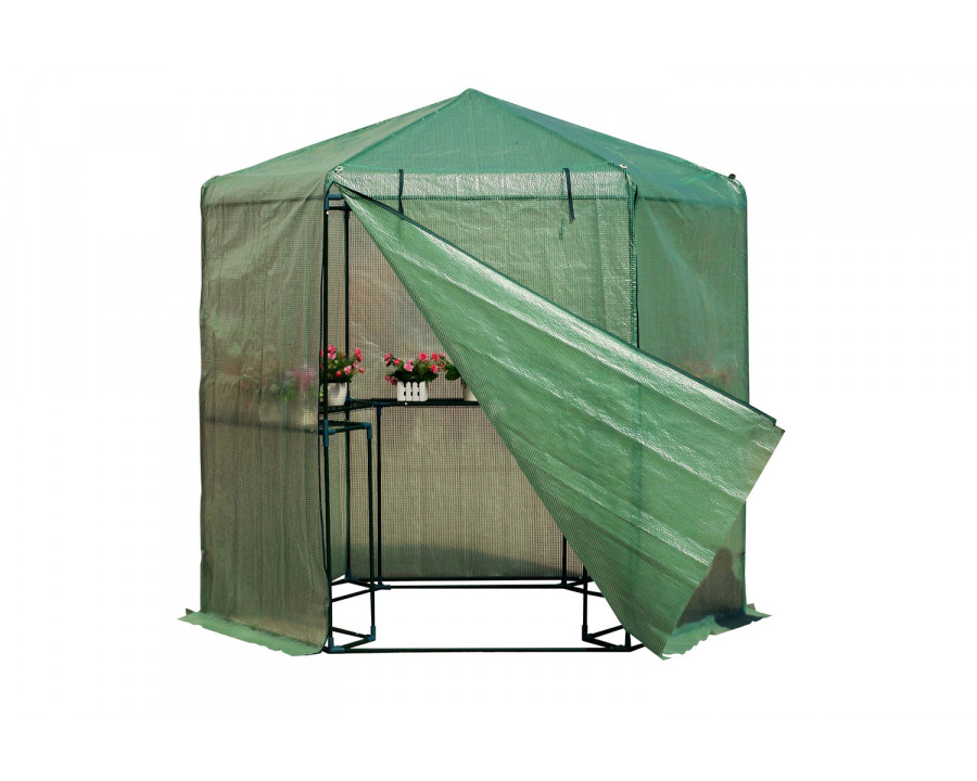 FaFurn - Outdoor Hexagon Greenhouse 6.5 X 7 Ft with Steel Frame Pe Cover and Shelves