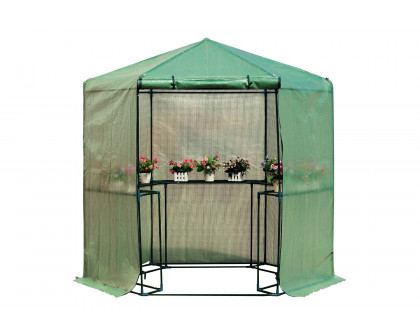 FaFurn - Outdoor Hexagon Greenhouse 6.5 X 7 Ft with Steel Frame Pe Cover and Shelves