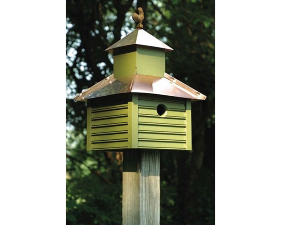 FaFurn - Pinion Green Birdhouse with White/Bright Copper Roof and Rooster Top