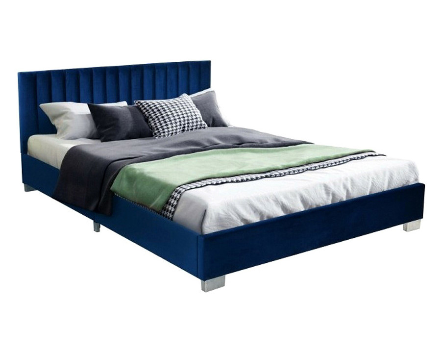 FaFurn - Navy Blue Flannel Tufted Upholstered Platform Bed in Queen Size