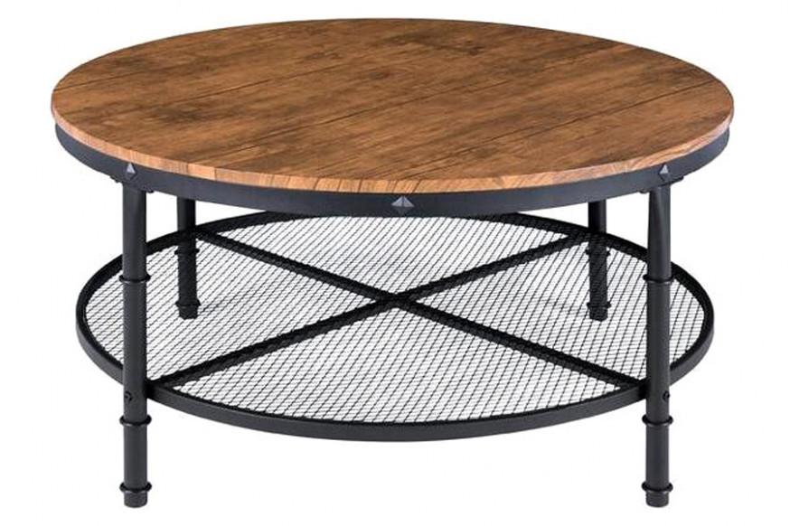 FaFurn™ - Farmhome Industrial Wood Steel Coffee Table 2-Tier Round with Storage Shelves