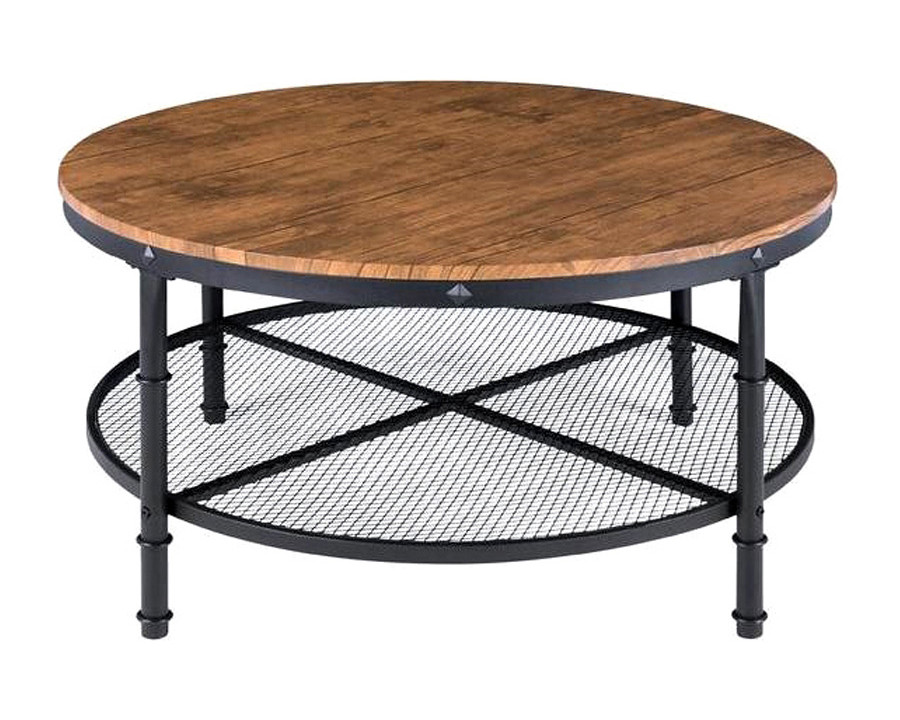 FaFurn - Farmhome Industrial Wood Steel Coffee Table 2-Tier Round with Storage Shelves