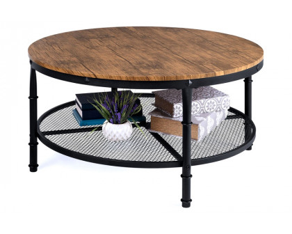 FaFurn™ - Farmhome Industrial Wood Steel Coffee Table 2-Tier Round with Storage Shelves