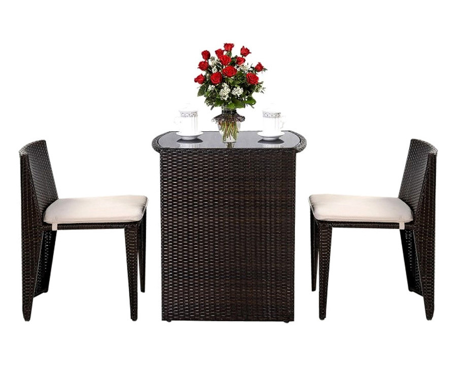 FaFurn - 3 Piece Compact Espresso/White Wicker Patio Cushioned Outdoor Chair Table Set