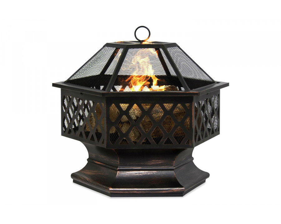 FaFurn - 24 Inch Steel Distressed Bronze Lattice Design Fire Pit with Cover