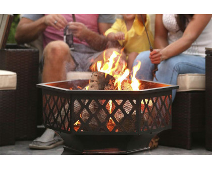 FaFurn - 24 Inch Steel Distressed Bronze Lattice Design Fire Pit with Cover