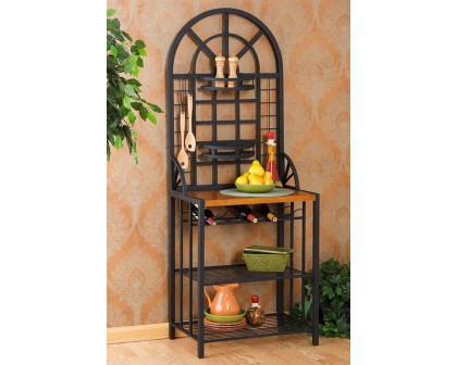 FaFurn - Farmhouse 3 Tier Steel Wood Top Utility Hooks Kitchen Baker'S Wine Rack