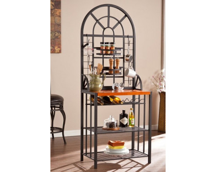 FaFurn - Farmhouse 3 Tier Steel Wood Top Utility Hooks Kitchen Baker'S Wine Rack