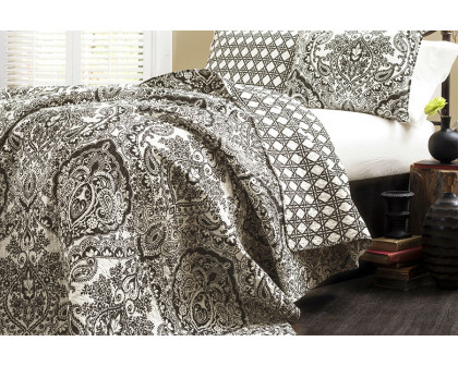 FaFurn - 3-Piece Quilt Set 100% Cotton in Black/White Damask