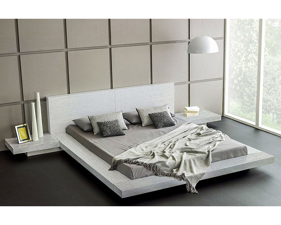 FaFurn Modern Japanese Style Platform Bed with Headboard and 2 Nightstands - Ash White, King Size