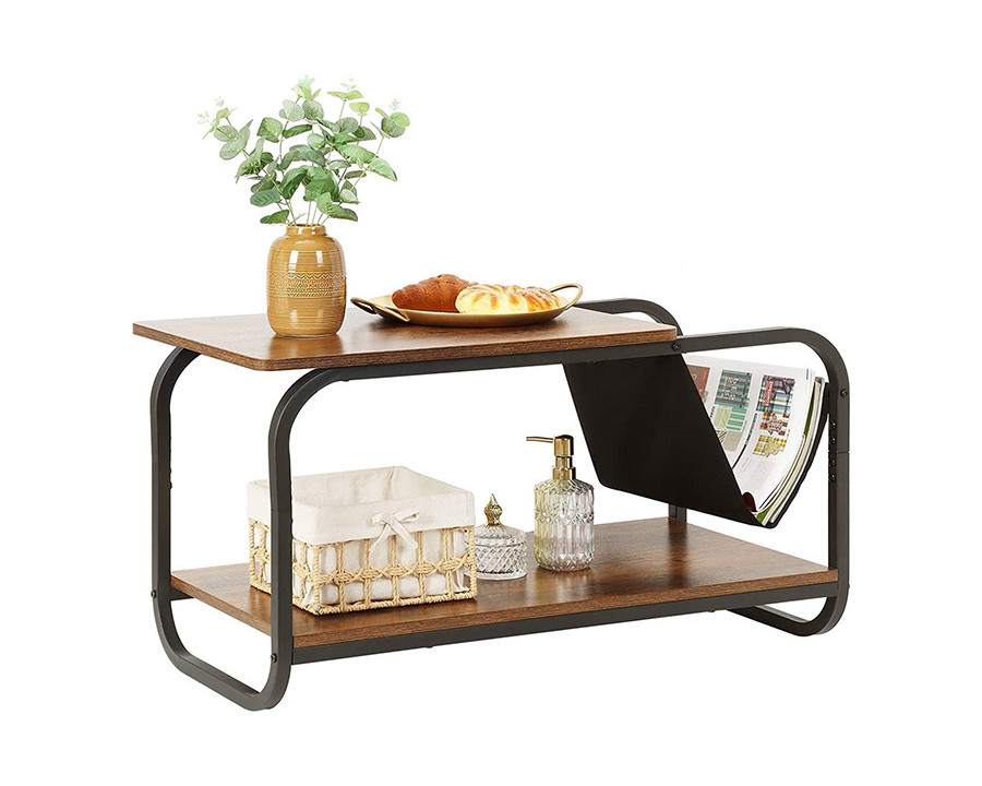 FaFurn - Modern 2-Tier Coffee Table with Magazine Book Holder Sling in Brown Wood Finish