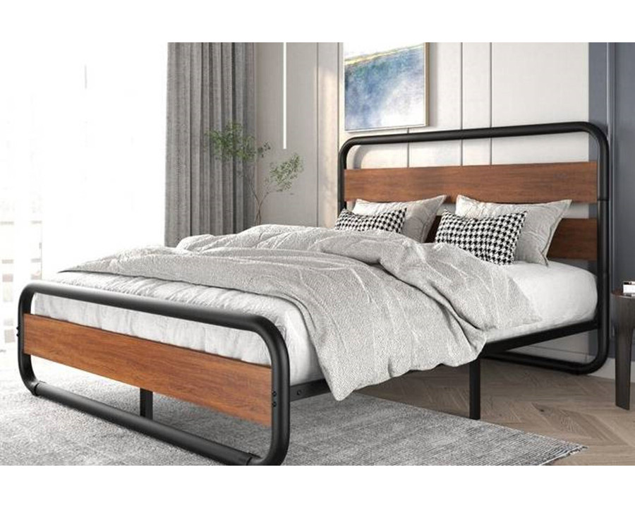 FaFurn Heavy Duty Round Metal Frame Platform Bed with Wood Panel Headboard - Black/Wood, King Size