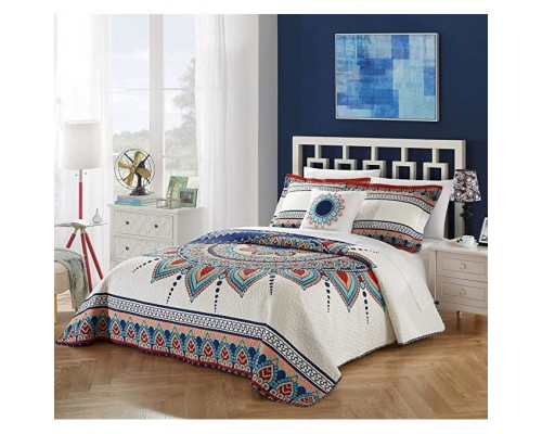 FaFurn 4-Piece King Size Geometric Reversible Quilt Set - Blue/White, Cotton