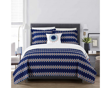 FaFurn 4-Piece King Size Geometric Reversible Quilt Set - Blue/White, Cotton