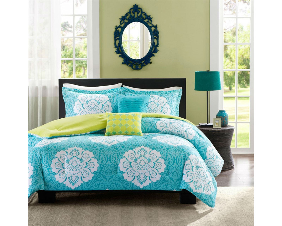 FaFurn 5-Piece King Size Comforter Set - Teal Blue/White